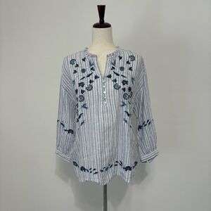 J. Jill 100% Linen Blue Striped Embroidered Floral Peasant Top Sz XS